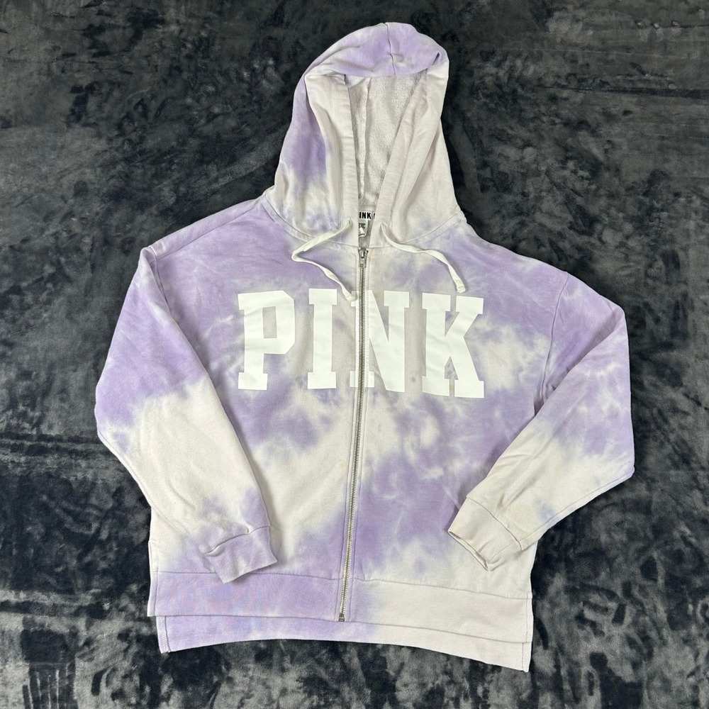 PINK Victoria's Secret Hoodie Women Medium Purple Tie Dye Full Zip Logo